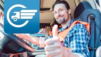 Truck driver man sitting in cabin giving thumbs-up